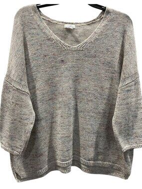 J Jill V Neck Sweater size XL Petite Beige Speckled Drop Shoulder Coastal Preppy